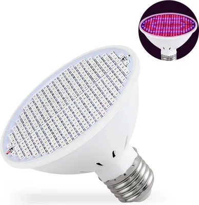 A white LED grow light bulb with a metal screw base, shown against a white background. A small inset image shows the bulb emitting red and purple light.