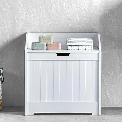 Produktbild von Priano Badezimmer-Wäscheschrank, Aufbewahrungsschrank, Truhenkorb, Holzkorb, Weiß