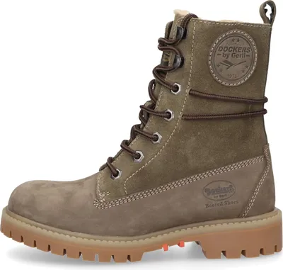 A single brown DOCKERS BY GERLI women's lace-up boot is shown from the side against a white background.