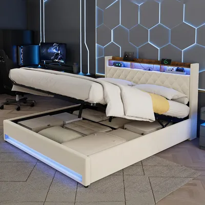 Produktbild von STILVORA Boxspringbett 180x200 cm mit Bettkasten, LED & USB, Polsterbett mit Stauraum, hydraulisch, Samt, stabiles Gestell, Beige (ohne Matratze)