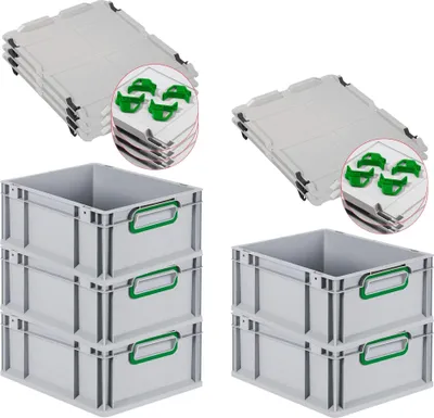 Produktbild von SparSet 5x Eurobox NextGen Color mit Auflagedeckel und Schiebeschnappverschlüsse | HxBxT 17x30x40cm | 16 Liter | Grau | Griffe grün geschlossen | Glatter Boden | Eurobehälter, Transportbox, Transportbehälter, Stapelbehälter