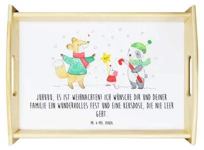 Produktbild von Mr. & Mrs. Panda Tablett Winter Weihnachtsfreude - Weiß - Geschenk, Weihnachtsbaum, Heiligabend, Tannenbaum, sofatablett, Weihnachten, holz serviertablett, Fuchs, Servier