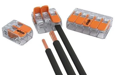 Produktbild von Wago 100 Stück Verbindungsklemmen 50x2 Leiter 30x3 Leiter 20x5 Leiter mit Betätigungshebel 0,2 bis 4mm² kleine Bauform transparent