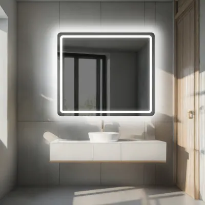 A modern bathroom vanity with a square illuminated mirror above it.