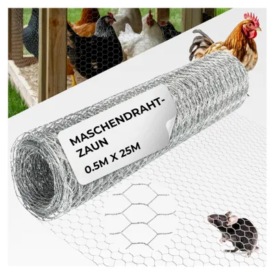 Produktbild von Maschendrahtzaun | Verzinkt | 0,5m x 25m | 0,7 mm, 16mm HEX | Kaninchendraht, Hasendraht, Volierendraht für Garten und Tierhaltung