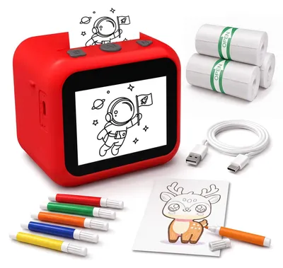 Produktbild von KI Sticker Drucker Kinder Thermodrucker - Mini Stickermaker mit Sprachsteuerung - 3 Papierrollen - 5 Stifte - Rot - Geschenk für Kinder 3-12 Jahre