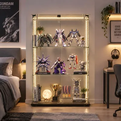 Image de Vitrine en verre INONEFT avec éclairage LED, design moderne, double porte, étagère à 3 niveaux, idéale pour le salon, la chambre ou le bureau, pour exposer vos objets de valeur. Dimensions : 123,3 x 78,5 x 35 cm. Couleur : noir
