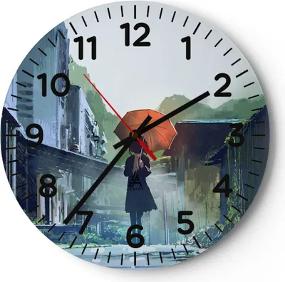 Produktbild von Wanduhr - Rund - Glasuhr - Frau Straße Haus - 30x30cm - Schleichendes Uhrwerk - Lautlos - zum Aufhängen bereit - Dekoration Modern - Wanddekoration aus Glas - C4AR30x30-3918