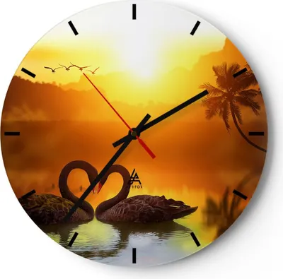 Produktbild von Wanduhr - Rund - Glasuhr - Schwan Wasser Paar - 30x30cm - Schleichendes Uhrwerk - Lautlos - zum Aufhängen bereit - Dekoration Modern - Wanddekoration aus Glas - C3AR30x30-3855
