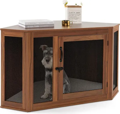Produktbild von GOPLUS Eck-Hundekäfig, Hundehütte Beistelltisch mit Tür & Kissen, Hundehaus Hundebox für den Innenbereich, Tierkäfig, Braun