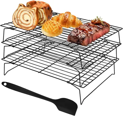 Produktbild von Grillrost Kuchenrost, Kühlrost, 3 Ebenen, 34 x 24 x 7 cm, ofen- und spülmaschinenfest, antihaftbeschichteter Edelstahl, stapelbar zum Braten, Backen,