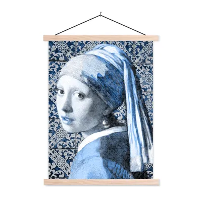 Produktbild von MuchoWow® Textilposter Mädchen mit einem Perlenohrring - Delfter Blau - Alte Meister 60x80 cm mit holzfarbenen Rahmen - Wandbild