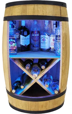 Image de Bar en fût de bois avec casier à bouteilles X et éclairage LED RGB. Bar rustique pour le salon 80 x 50 cm
