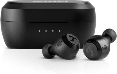 A black charging case and two black wireless earbuds are shown against a white background.