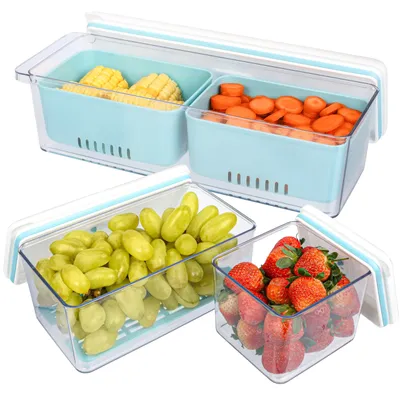 Produktbild von Belle Vous 3er-Pack stapelbare Gemüsebox - Obst Aufbewahrung mit Abtropfkörben - Gemüse Kühlschrankbox - wiederverwendbare Behälter mit Deckeln für