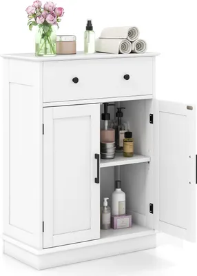 Produktbild von GOPLUS Badezimmerschrank, Badschrank mit herausnehmbaren & verstellbaren Einlegeböden, Kippsicherung, Aufbewahrungsschrank für Schlafzimmer (Weiß)