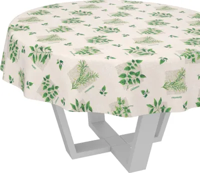 Produktbild von Tischdecke Botanic Kräuter Beige Grün Rund 140cm Schnittkante Wachstuch abwaschbar