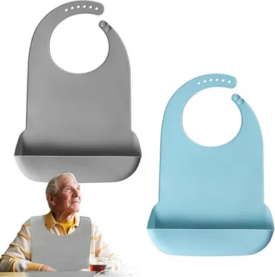 Produktbild von 2 Stück Wasserdichte Lätzchen für Erwachsene - für Erwachsene aus Silikon - Verstellbar - Mit Krümelfänger - 42 x 28 cm - Sabberlätzchen