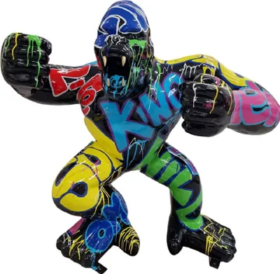 Luxus XXL Deko Skulptur Figur Gorilla Affe Schwarz Mehrfarbig
