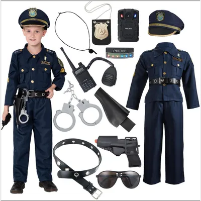Obrázek produktu pro Dětská kostýmová sada policisty, obsahující: košili, kalhoty, klobouk, opasek, pouta, pouzdro, odznak, obušek, sluneční brýle, vysílačku a píšťalku