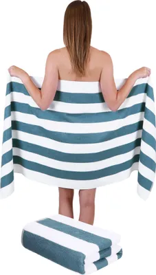 Produktbild von Betz 2 Stück XXL Saunatücher 70 x 180 cm STREIFEN BERLIN  Badetuch 100% Baumwolle Farbe – weiss/taubenblau