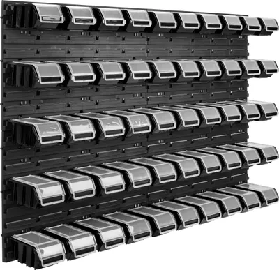 Produktbild von 50 Stapelboxen Wandregal Kunststoff Deckel 115 x 78 cm Werkzeughalter Werkstatt Garage  Lagersystem Sichtlagerkästen Schütte