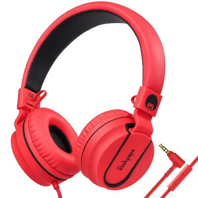 Produktbild von Rockpapa 952 Kinder Kopfhörer mit Kabel, Kopfhörer Kinder Mädchen, HD Mikrofon, Klinke 3.5 mm, Faltbare, On Ear Kopfhörer für Schule/Reise/Handy/Tablet/PC, Schwarz Rot