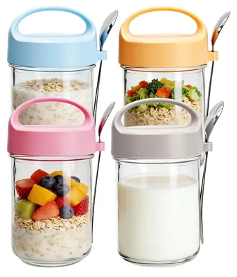 Zdjęcie produktu dla Zestaw 4 słoików na owsiankę z pokrywkami i łyżkami 410ml