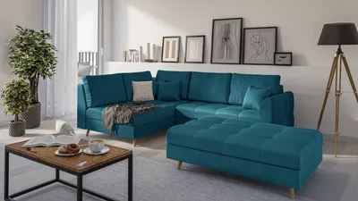 Produktbild von S-STYLE MÖBEL - Ecksofa und Fußhocker mit Holzfüßen im skandinavischen Stil Marco aus Blau Luxusmicrofaser, Ottomane links - B/T/H:231 cm/161 cm/81cm