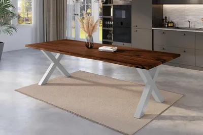 Produktbild von Esstisch Baumkante 240 x 100 cm Akazie nussbaum massiv X-Gestell silber NICK