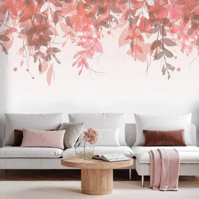Produktbild von Vlies Fototapete - Under vegetation - hanging vines of pink leaves on a neutral background 250x175 cm Blätter b-A-10115-a-c