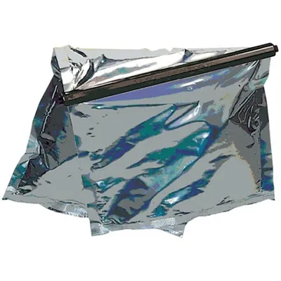 A silver bag with a black clamp closure, isolated on a white background.