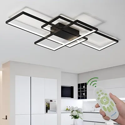 Zdjęcie produktu dla Lampa sufitowa, 80 cm, 45W, czarna, 3000K–6500K, ściemniana. Idealna do salonu. Funkcja timera, pamięć ustawień, lampka nocna. Lampa sufitowa LED, prostokątna, do salonu. Sterowanie pilotem, nadaje się do sypialni i kuchni