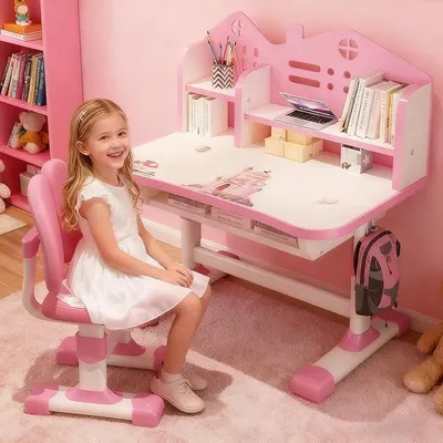 Imagen del producto de Escritorio infantil, escritorio ajustable en altura para niños, silla de escritorio infantil con estantería y cajón, ideal para dormitorios y estudios (rosa)