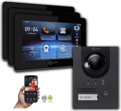 Produktbild von Goliath IP Hybrid Video Gegensprechanlage mit Kamera 7 Zoll Anthrazit : Unterputzdose : 7 Zoll in Schwarz : 3 Monitore Monitor Anzahl: 3 Monitore Monitor Auswahl: 7 Zoll in Schwarz Türklingel Montagedose: Unterputzdose