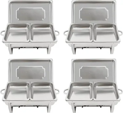 Productafbeelding van Chafing Dish set, 4 stuks, elk met een inhoud van 3,5 liter. RVS warmhoudcontainers voor buffetten, restaurants, en evenementen. Warmhoudsystemen, voedselwarmers, sets, soepketels voor catering, buffetten en feesten