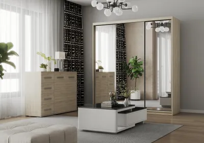 Image de lot de 2 armoires à portes coulissantes Armoire avec trois miroirs 203cm Pola et commode 135cm Chêne Sonoma FRIDA 01