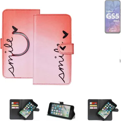 Produktbild von K-S-Trade Schutzhülle Handyhülle kompatibel mit Gigaset GS5 Pro SE Hülle cover bookstyle Etui ''smile'' rot Standfunktion Kameraschutz (1Stk)