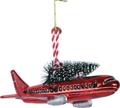 Produktbild von Christbaumschmuck Glas Flugzeug mit Tannenbaum 15cm - Rot