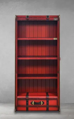 Produktbild von Casa Padrino Luxus Regalschrank in Koffer Optik Rot / Schwarz / Braun / Messing 84 x 35 x H. 187,5 cm - Massivholz Schrank mit Echtleder - Büro Schrank - Büro Möbel - Luxus Möbel in Koffer Optik