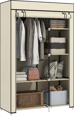 Produktbild von HOMCOM Kleiderschrank Stoffschrank mit 2 Kleiderstangen, 6 Fächern, Creme