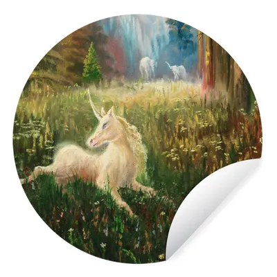 Produktbild von MuchoWow® Runde Wandtattoo - Wandsticker Tapete Aufkleber Eine Illustration eines Einhorns in einem Wald - Mädchen - Kinder - Kinder Ø 30 cm Selbstklebend und Repositionierbar - Wandaufkleber - Kreis - Wandbild - Fototapete - Selbstklebend - Dekoration - Wandschmuck - Schlafzimmer