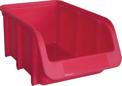 A red plastic storage bin is shown against a white background.