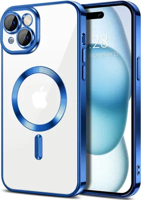 Image de Coque magnétique transparente pour iPhone 15 Plus, compatible MagSafe, coque de protection galvanisée avec protection de l'appareil photo Bleu