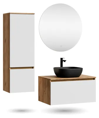 Produktbild von ARISA Badmöbel Set inkl. Hochschrank in Weiß – Mit Nova LED Spiegel und schwarzem Keramik-Aufsatzwaschbecken 42 cm