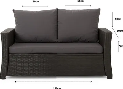 A dark gray outdoor sofa with cushions, shown from the front with dimensions indicated by measurement lines and text.