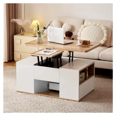 Produktbild von Weißer Couchtisch mit Stauraum, höhenverstellbar, rechteckig, klappbar, Sofatisch mit 2 Schubladen für Wohnzimmer und Homeoffice, 3 Einstellmodi, 100x49.5x47cm