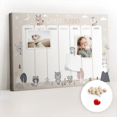 Obrázok produktu pre Korková tabuľa Tabuľa na poznámky Tabuľa na špendlíky - učebná pomôcka 60x40 cm - 100ks drevených kolíkov - Plánovač zvierat