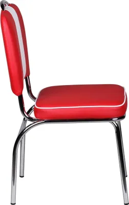 A side view of a red diner chair with a white stripe on the backrest and white piping on the seat and backrest. The chair has a chrome metal frame.