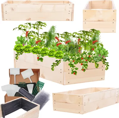 Produktbild von MODO24 Hochbeet Holz, Pflanzkasten, Massivholz, Kiefer, Kräuterbeet, Blumenkasten, Garten, Terrasse, 18x103x30 cm, Natur, ZP06